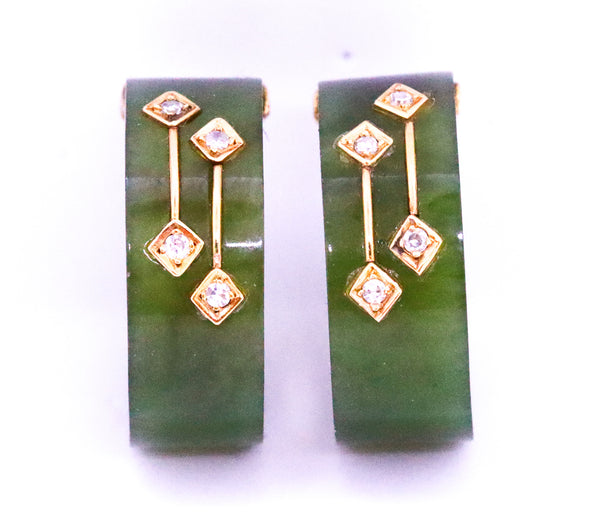 GREEN NEPHRITE AND DIAMONDS 18 KT ART DECO EARRINGS