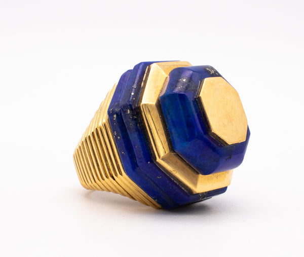 ROBERT WANDER 1970 RARE 18 KT GOLD STATEMENT GEOMETRIC RING WITH LAPIS LAZULI