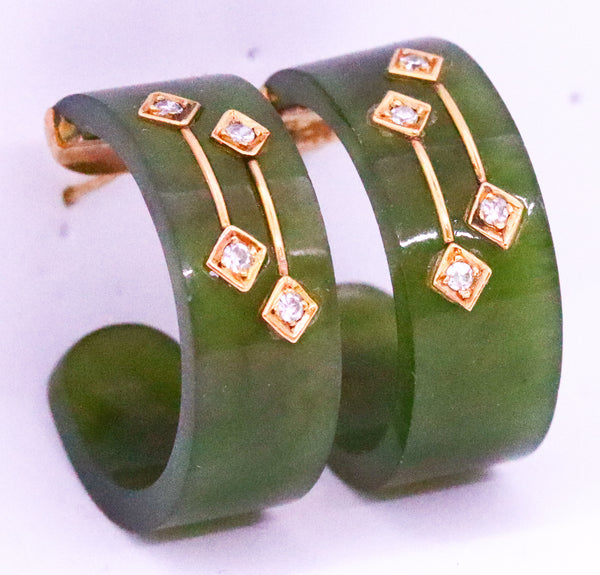 GREEN NEPHRITE AND DIAMONDS 18 KT ART DECO EARRINGS
