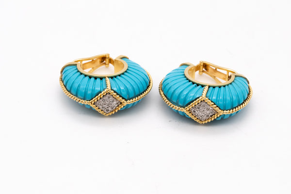 European Modernist Oversized Hoop Earrings In 18Kt Yellow Gold With Diamonds And Turquoises