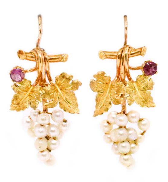 FRENCH BUNCH OF GRAPES 18 KT PEARLS 7 RUBY ANTIQUE EARRINGS
