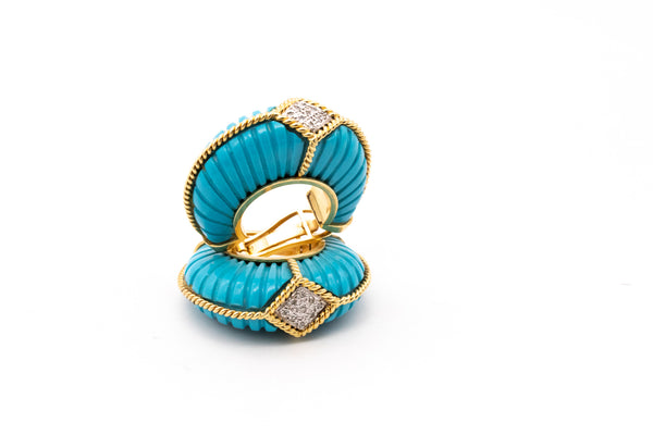 European Modernist Oversized Hoop Earrings In 18Kt Yellow Gold With Diamonds And Turquoises