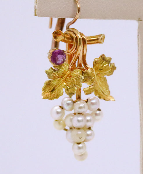 FRENCH BUNCH OF GRAPES 18 KT PEARLS 7 RUBY ANTIQUE EARRINGS