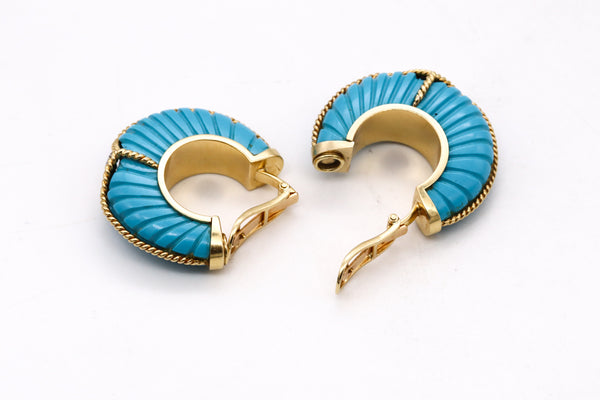 European Modernist Oversized Hoop Earrings In 18Kt Yellow Gold With Diamonds And Turquoises