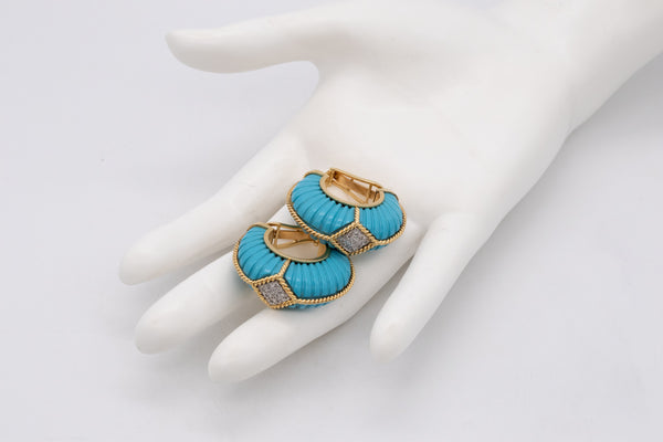 European Modernist Oversized Hoop Earrings In 18Kt Yellow Gold With Diamonds And Turquoises