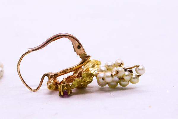 FRENCH BUNCH OF GRAPES 18 KT PEARLS 7 RUBY ANTIQUE EARRINGS