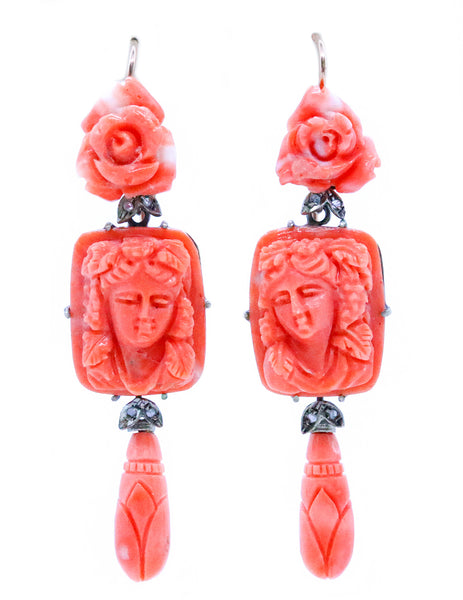 ANTIQUE CORAL CARVINGS MOUNTED IN LONG EARRINGS