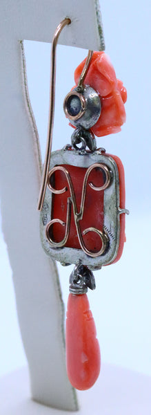 ANTIQUE CORAL CARVINGS MOUNTED IN LONG EARRINGS