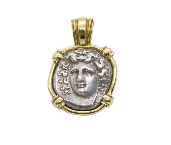 THESSALY LARISSA 350th BC GREEK SILVER DRACHMA COIN IN 18 KT PENDANT WITH COA
