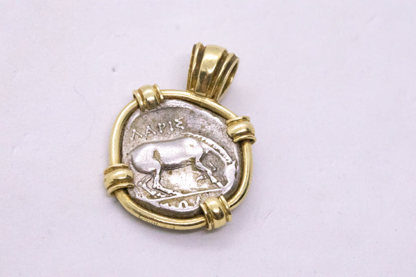 THESSALY LARISSA 350th BC GREEK SILVER DRACHMA COIN IN 18 KT PENDANT WITH COA
