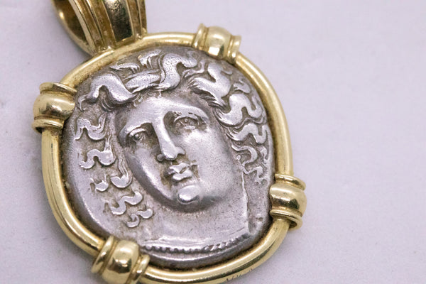 THESSALY LARISSA 350th BC GREEK SILVER DRACHMA COIN IN 18 KT PENDANT WITH COA