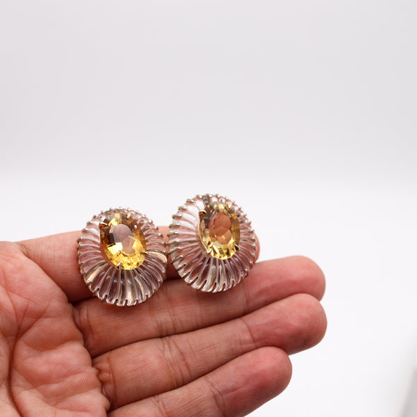 -Seaman Schepps 1970 Fluted Rock Quartz Earrings In 14Kt Yellow Gold With 79.32 Cts Citrines