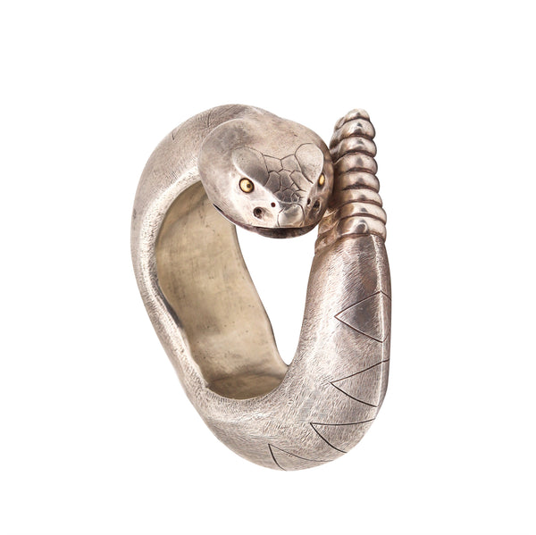 Navajo 1970 Statement Bold Stylized Snake Bracelet In 925 Sterling Silver And 18Kt Gold