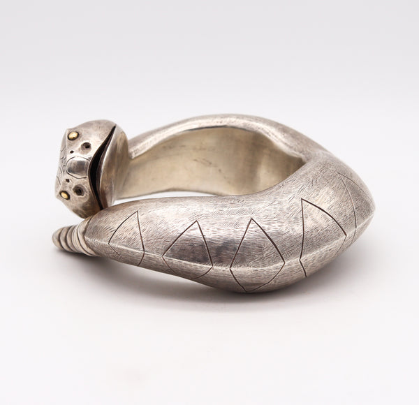 Navajo 1970 Statement Bold Stylized Snake Bracelet In 925 Sterling Silver And 18Kt Gold