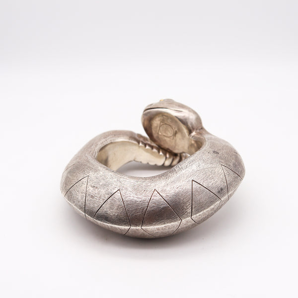 Navajo 1970 Statement Bold Stylized Snake Bracelet In 925 Sterling Silver And 18Kt Gold