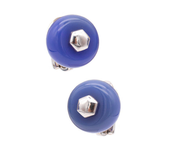 MARINA B. BVLGARI MILANO 18 KT WHITE GOLD CARDAN EARRINGS WITH BLUE CHALCEDONY