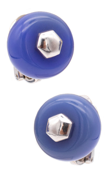 MARINA B. BVLGARI MILANO 18 KT WHITE GOLD CARDAN EARRINGS WITH BLUE CHALCEDONY