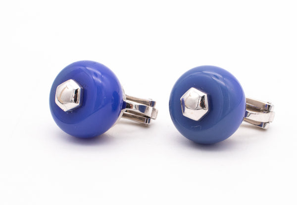 MARINA B. BVLGARI MILANO 18 KT WHITE GOLD CARDAN EARRINGS WITH BLUE CHALCEDONY