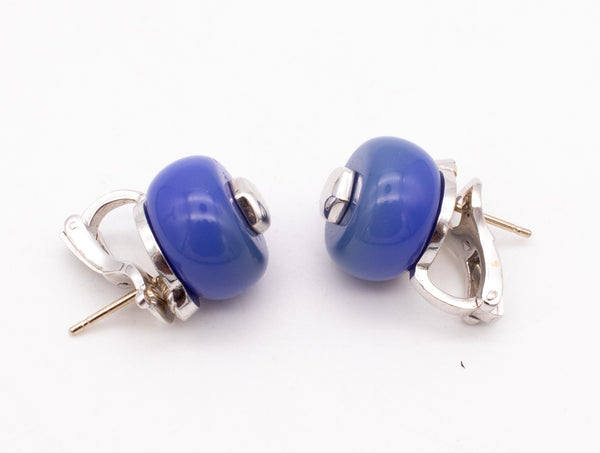 MARINA B. BVLGARI MILANO 18 KT WHITE GOLD CARDAN EARRINGS WITH BLUE CHALCEDONY