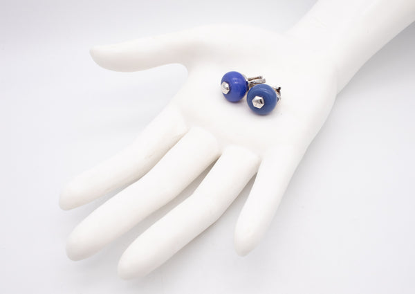 MARINA B. BVLGARI MILANO 18 KT WHITE GOLD CARDAN EARRINGS WITH BLUE CHALCEDONY