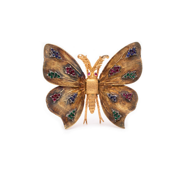 MARIO BUCCELLATI 1950 BRUSHED 18 KT GOLD BUTTERFLY BROOCH WITH 1.24 Cts GEMSTONES