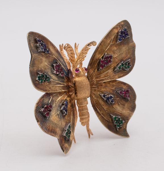 MARIO BUCCELLATI 1950 BRUSHED 18 KT GOLD BUTTERFLY BROOCH WITH 1.24 Cts GEMSTONES