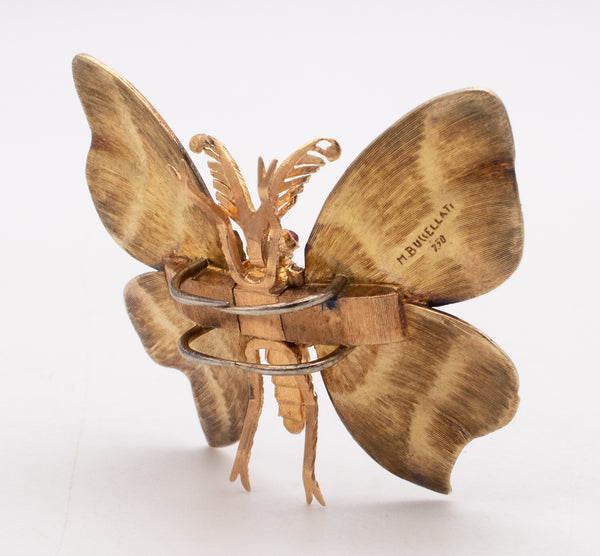 MARIO BUCCELLATI 1950 BRUSHED 18 KT GOLD BUTTERFLY BROOCH WITH 1.24 Cts GEMSTONES