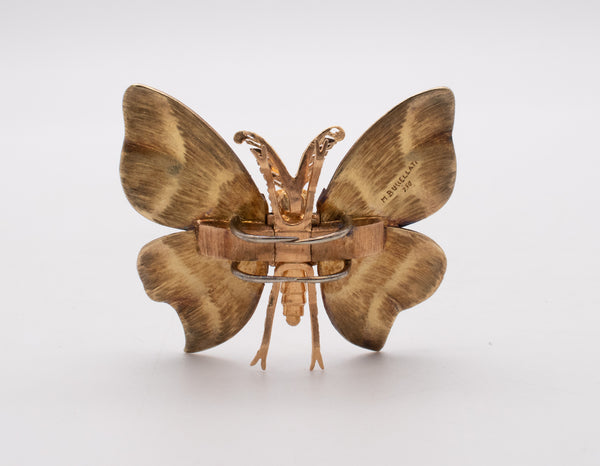 MARIO BUCCELLATI 1950 BRUSHED 18 KT GOLD BUTTERFLY BROOCH WITH 1.24 Cts GEMSTONES
