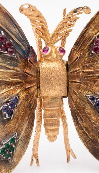 MARIO BUCCELLATI 1950 BRUSHED 18 KT GOLD BUTTERFLY BROOCH WITH 1.24 Cts GEMSTONES