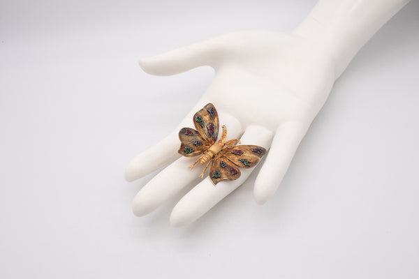 MARIO BUCCELLATI 1950 BRUSHED 18 KT GOLD BUTTERFLY BROOCH WITH 1.24 Cts GEMSTONES