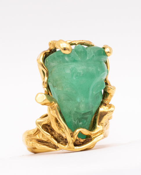 Eric de Kolb 1960 Rare Statement Ring In 18Kt Yellow Gold With 28.53 Cts Carved Colombian Emerald