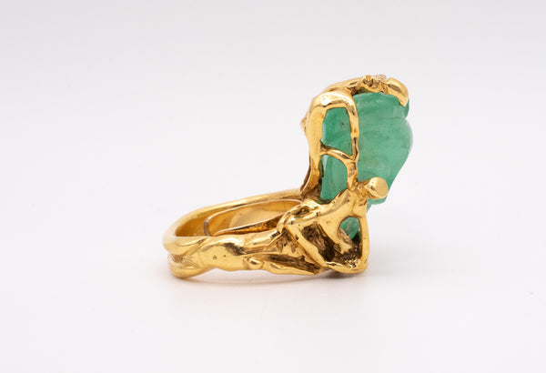 Eric de Kolb 1960 Rare Statement Ring In 18Kt Yellow Gold With 28.53 Cts Carved Colombian Emerald