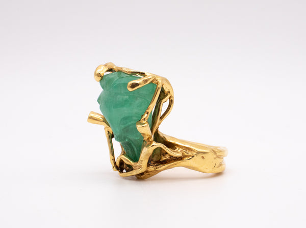 Eric de Kolb 1960 Rare Statement Ring In 18Kt Yellow Gold With 28.53 Cts Carved Colombian Emerald