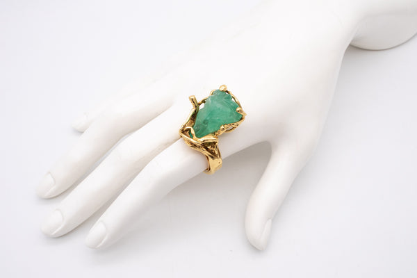 Eric de Kolb 1960 Rare Statement Ring In 18Kt Yellow Gold With 28.53 Cts Carved Colombian Emerald