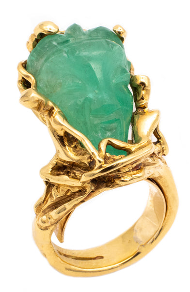 Eric de Kolb 1960 Rare Statement Ring In 18Kt Yellow Gold With 28.53 Cts Carved Colombian Emerald