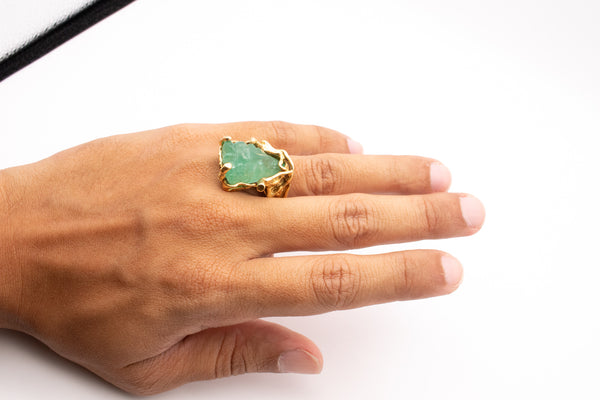 Eric de Kolb 1960 Rare Statement Ring In 18Kt Yellow Gold With 28.53 Cts Carved Colombian Emerald