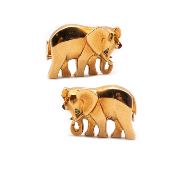 CARTIER PARIS 18 KT YELLOW GOLD ELEPHANTS CUFFLINKS WITH GEMSTONES