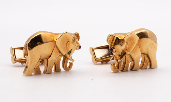 CARTIER PARIS 18 KT YELLOW GOLD ELEPHANTS CUFFLINKS WITH GEMSTONES