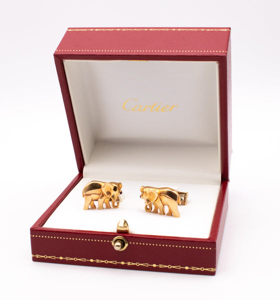 CARTIER PARIS 18 KT YELLOW GOLD ELEPHANTS CUFFLINKS WITH GEMSTONES