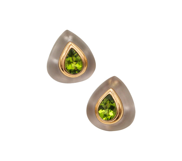 -Maz 1970 Bartholomew Mazza Modernist Earrings In 14Kt Gold With Rock Quartz And Peridot