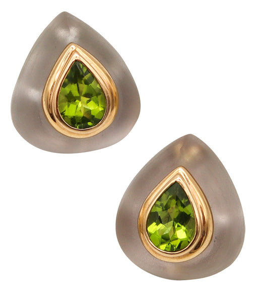 -Maz 1970 Bartholomew Mazza Modernist Earrings In 14Kt Gold With Rock Quartz And Peridot