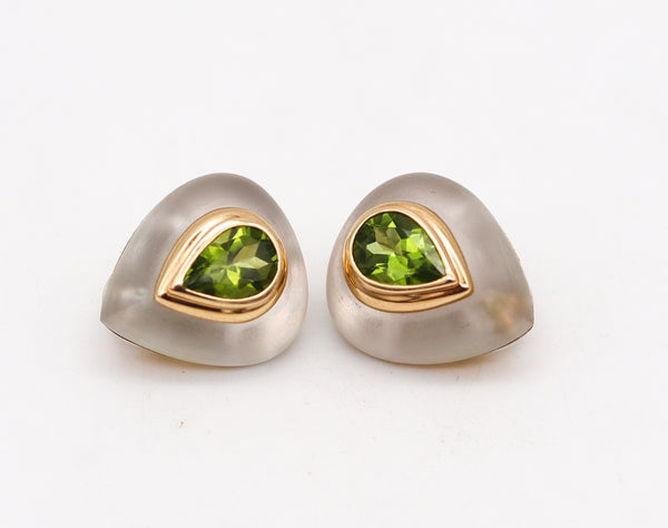 -Maz 1970 Bartholomew Mazza Modernist Earrings In 14Kt Gold With Rock Quartz And Peridot