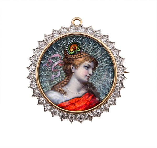 Edwardian 1905 Fabulous Guilloche Pendant Brooch In 18Kt Gold Platinum With 2.56 Cts Diamonds