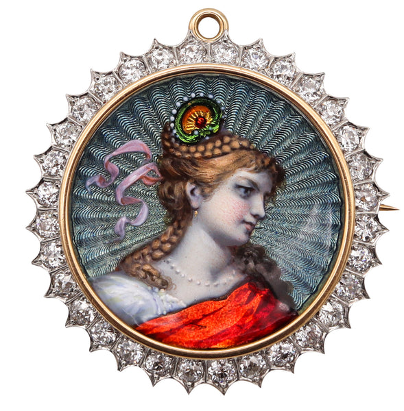 Edwardian 1905 Fabulous Guilloche Pendant Brooch In 18Kt Gold Platinum With 2.56 Cts Diamonds