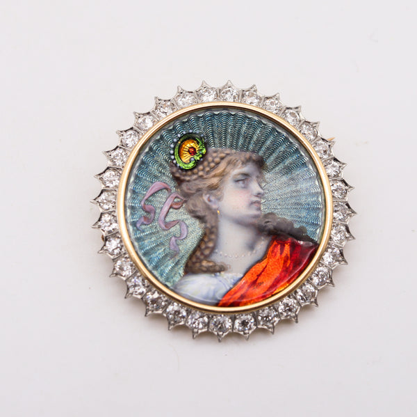 Edwardian 1905 Fabulous Guilloche Pendant Brooch In 18Kt Gold Platinum With 2.56 Cts Diamonds