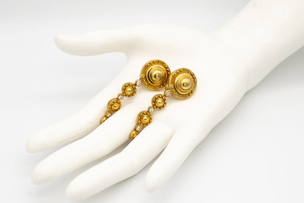 SEIDENGANG 18 KT GOLD ETRUSCAN LONG EARRINGS WITH VS ROUND DIAMONDS