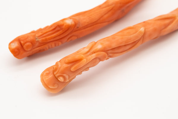 CAVIAR 18 KT YELLOW GOLD SUITE OF SPOON AND FORK WITH CORAL CARVINGS