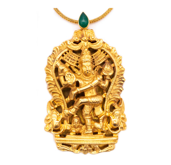 SHIVA DANCING GOD 18 KT YELLOW GOLD ANTIQUE TEMPLE PENDANT WITH NECKLACE