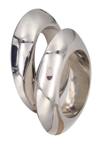 ITALIAN MODERNIST 1970 Geometric Pair of Bold Bangles In .925 Sterling Silver