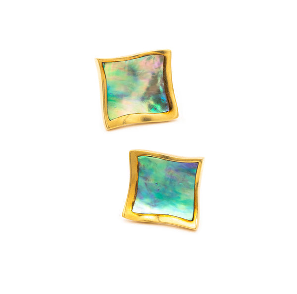 ANGELA CUMMINGS RARE 18 KT YELLOW GOLD EARRINGS WITH ABALONE SHELL
